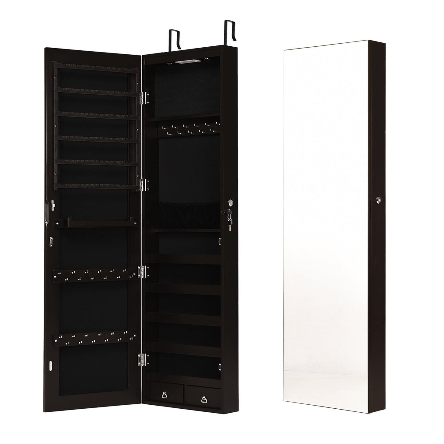 Wall And Door Mounted Mirrored Jewelry Cabinet With Lights-Brown