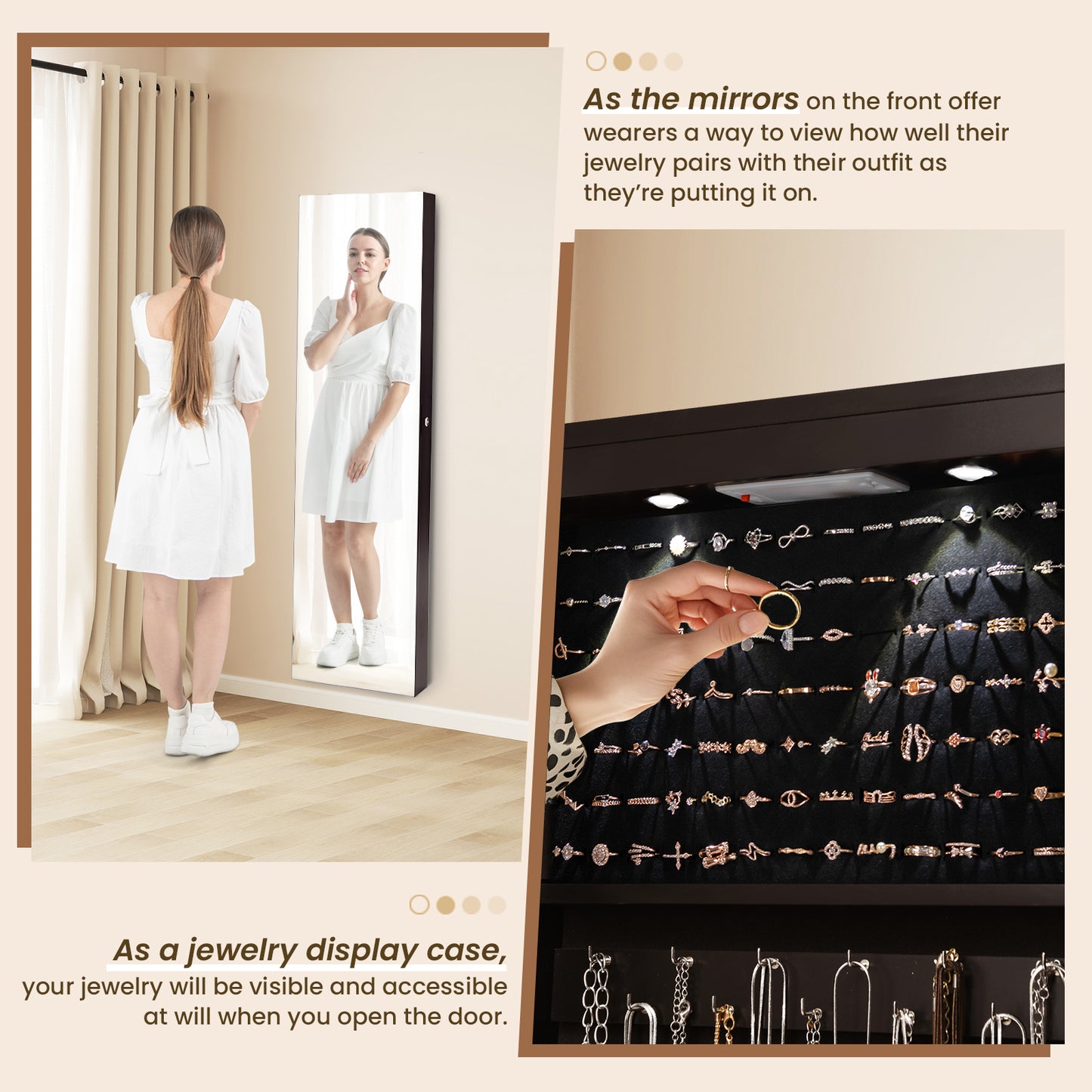 Wall And Door Mounted Mirrored Jewelry Cabinet With Lights-Brown