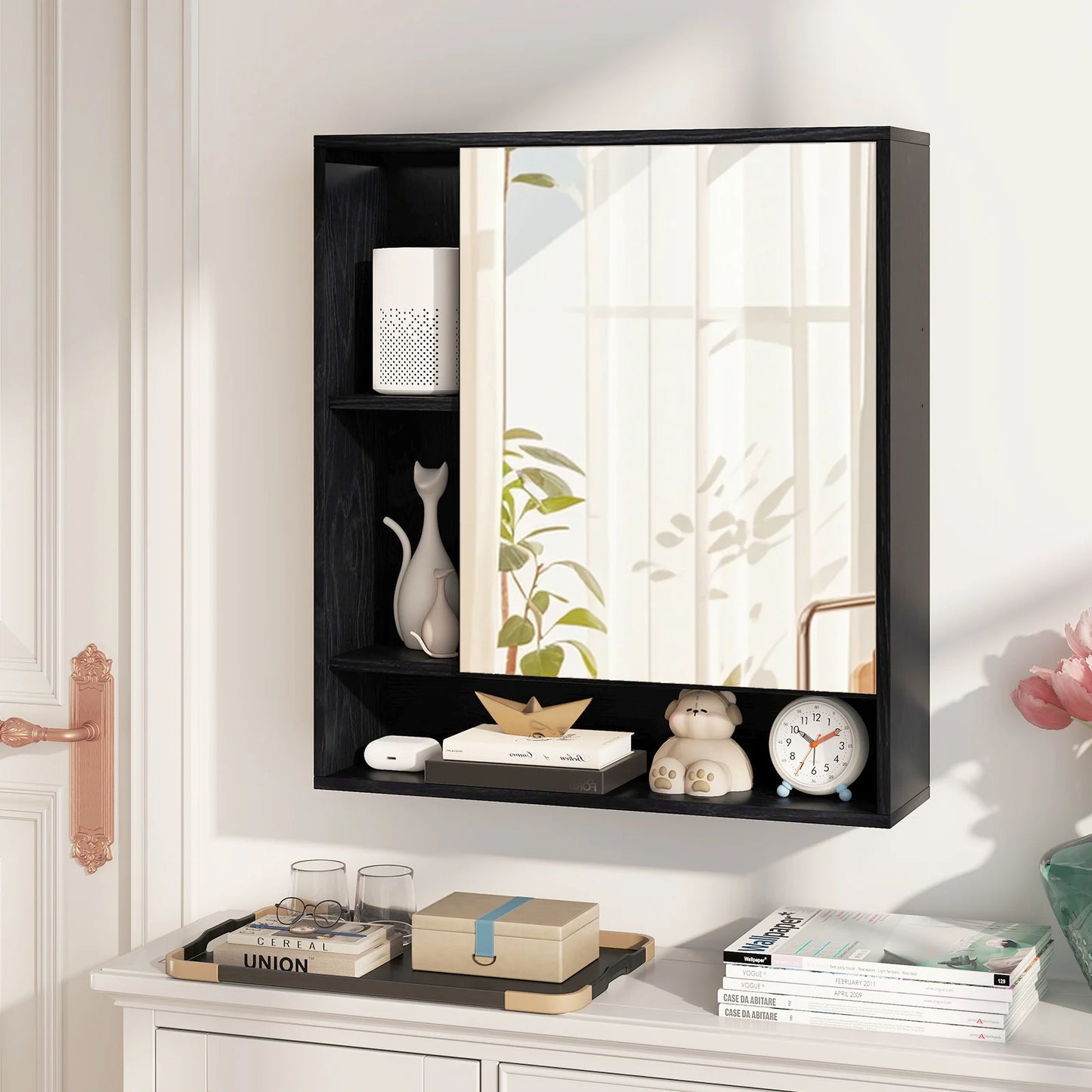 Wall Mounted  Bathroom Cabinet with Mirror Single Door-Black
