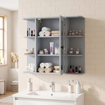 Wall Mounted Bathroom Medicine Cabinet with Mirror and Shelves-Gray