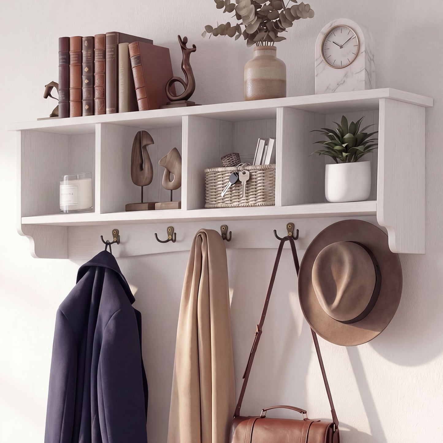 Wall-Mounted Coat Rack with 4 Cubbies and 5 Double Hooks and Wooden Shelf-White