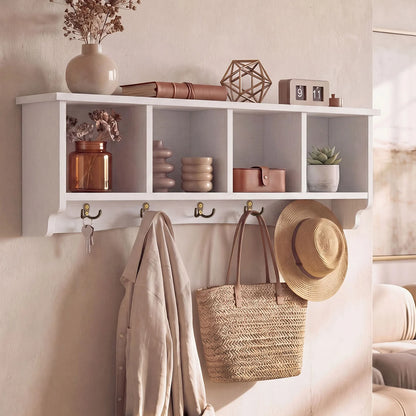 Wall-Mounted Coat Rack with 4 Cubbies and 5 Double Hooks and Wooden Shelf-White