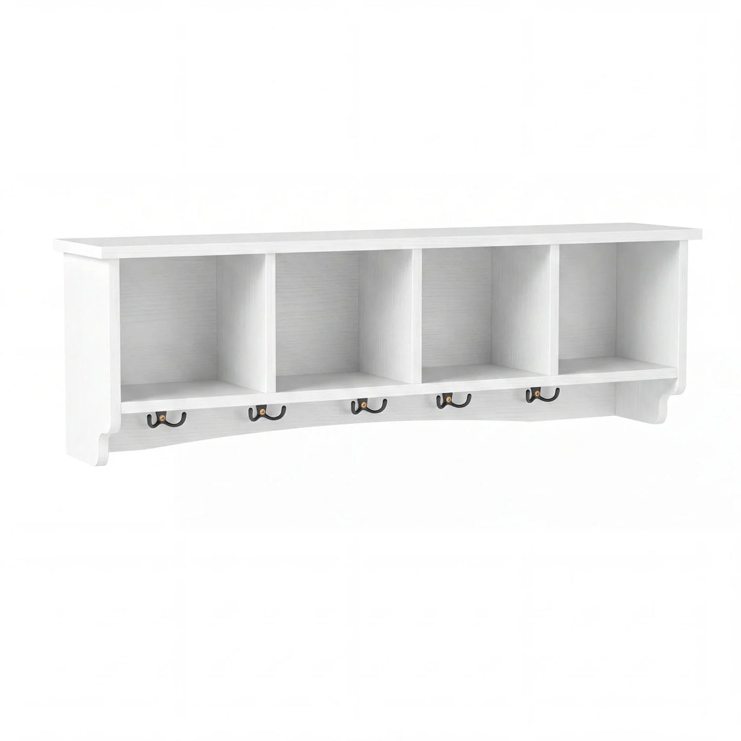 Wall-Mounted Coat Rack with 4 Cubbies and 5 Double Hooks and Wooden Shelf-White
