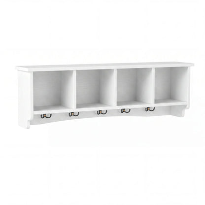 Wall-Mounted Coat Rack with 4 Cubbies and 5 Double Hooks and Wooden Shelf-White