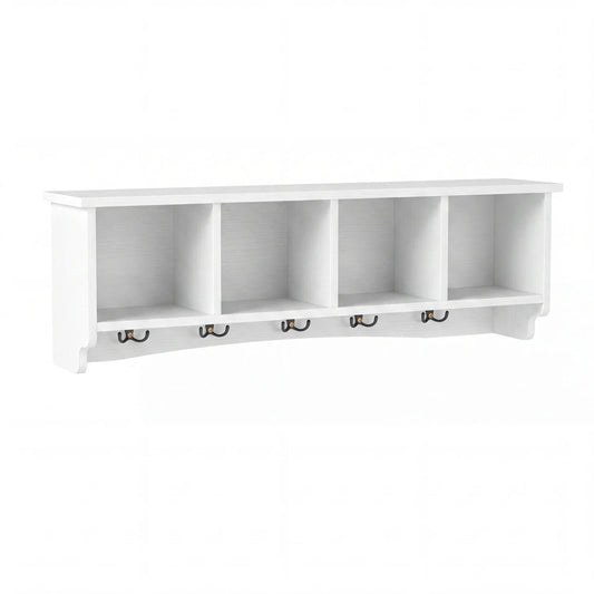 Wall-Mounted Coat Rack with 4 Cubbies and 5 Double Hooks and Wooden Shelf-White