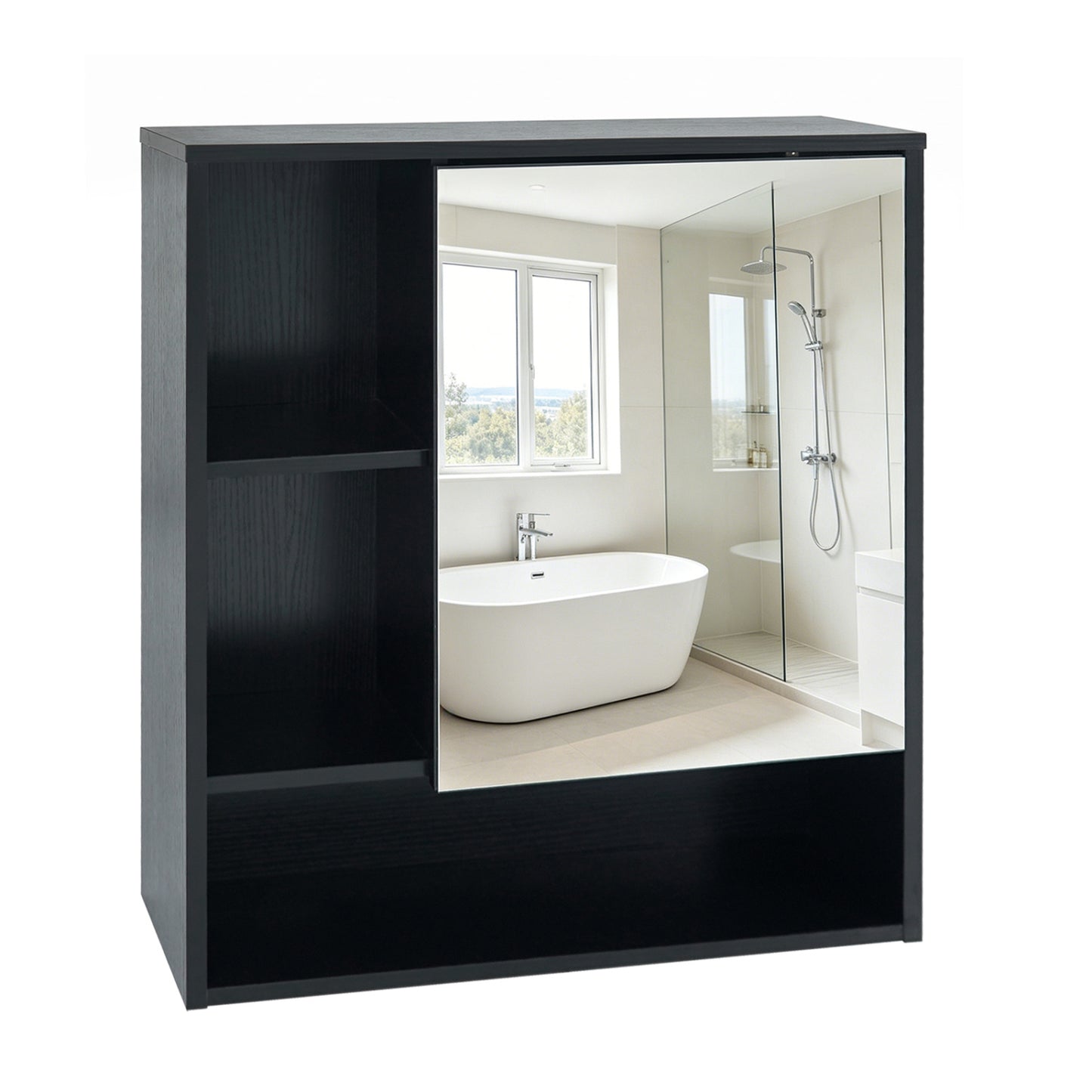 Black wall-mounted mirror cabinet with two hidden shelves and three open compartments for bathroom storage.