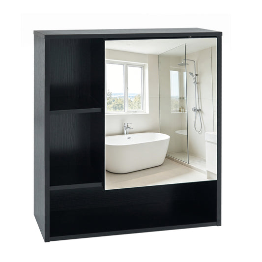 Black wall-mounted mirror cabinet with two hidden shelves and three open compartments for bathroom storage.