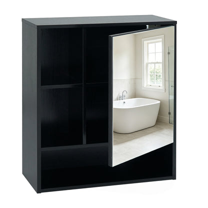 Black wall-mounted mirror cabinet with two hidden shelves and three open compartments for bathroom storage.