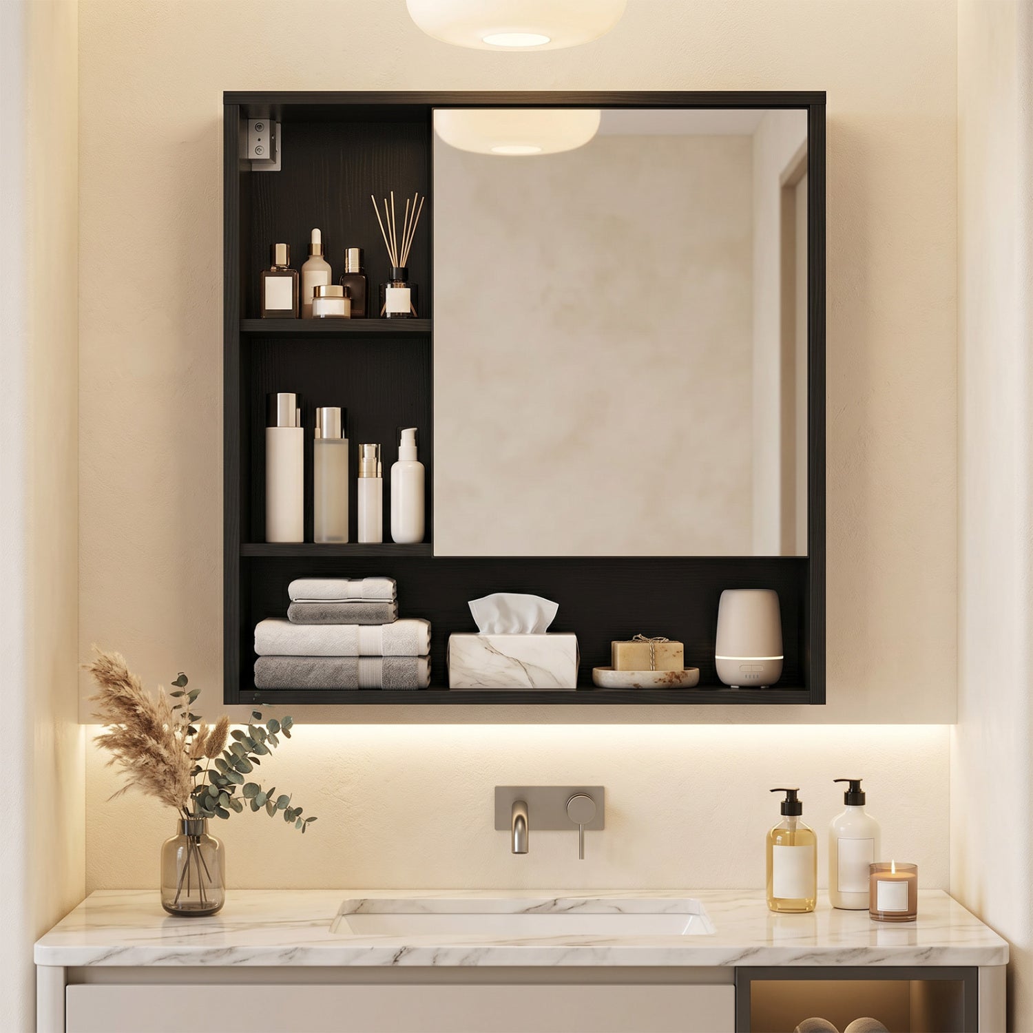 Black wall-mounted mirror cabinet with 2 hidden shelves and 3 open compartments for bath storage, by Direct by Wilsons Home Store.