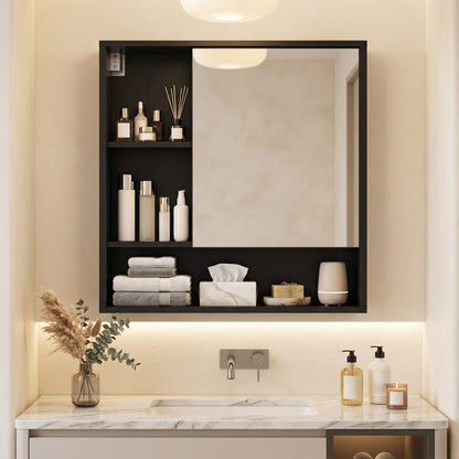 Black wall-mounted mirror cabinet with 2 hidden shelves and 3 open compartments for bath storage, by Direct by Wilsons Home Store.
