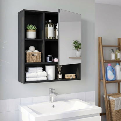 Black wall-mounted mirror cabinet with two hidden shelves and three open compartments for bathroom storage.