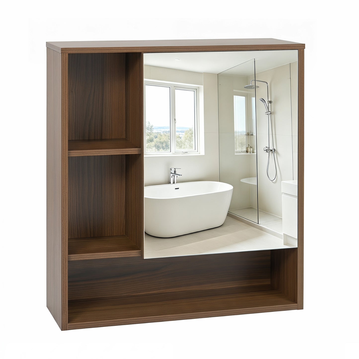 Black wall-mounted mirror cabinet with 2 hidden shelves and 3 open compartments for bathroom storage.