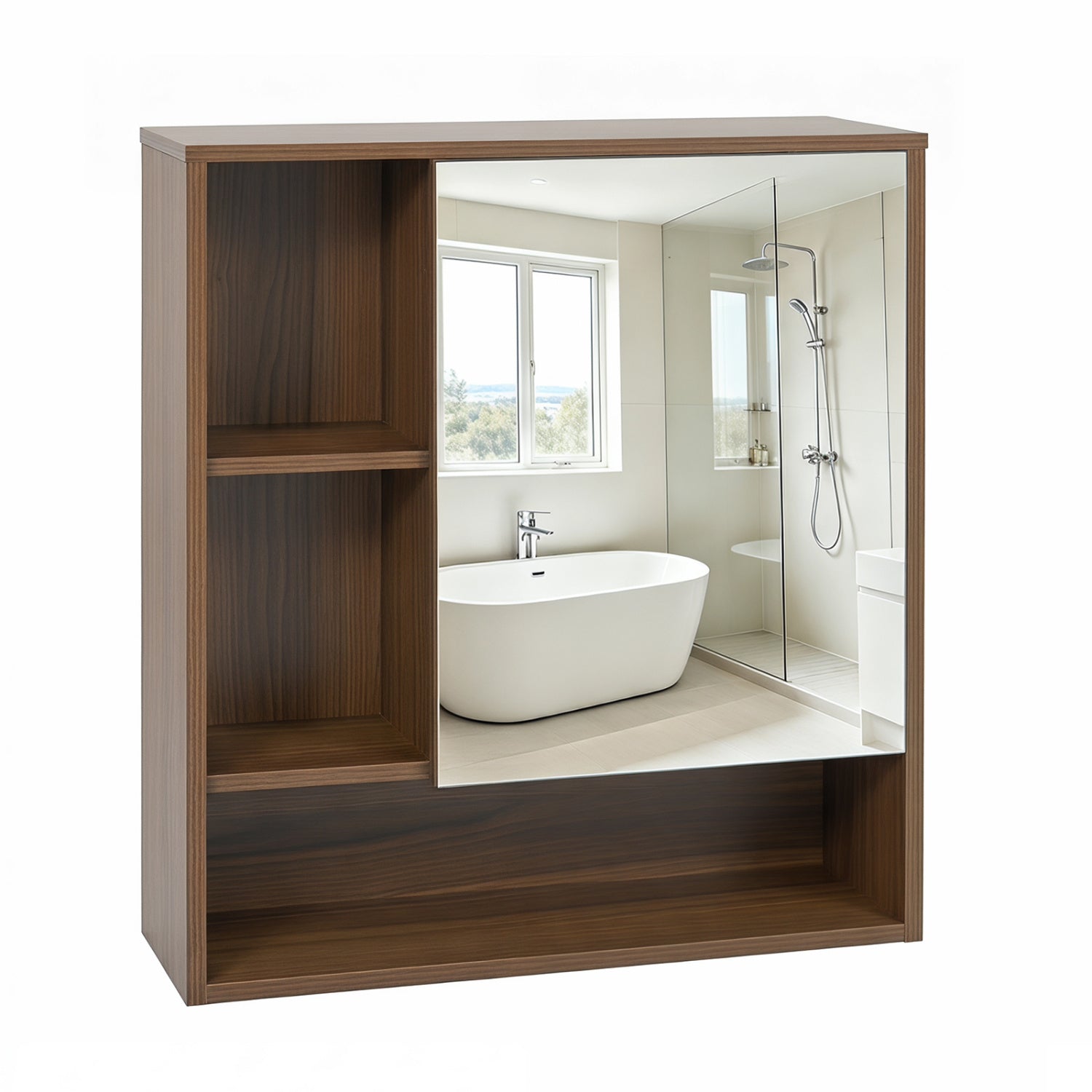 Black wall-mounted mirror cabinet with 2 hidden shelves and 3 open compartments for bathroom storage.
