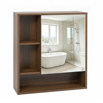 Black wall-mounted mirror cabinet with 2 hidden shelves and 3 open compartments for bathroom storage.