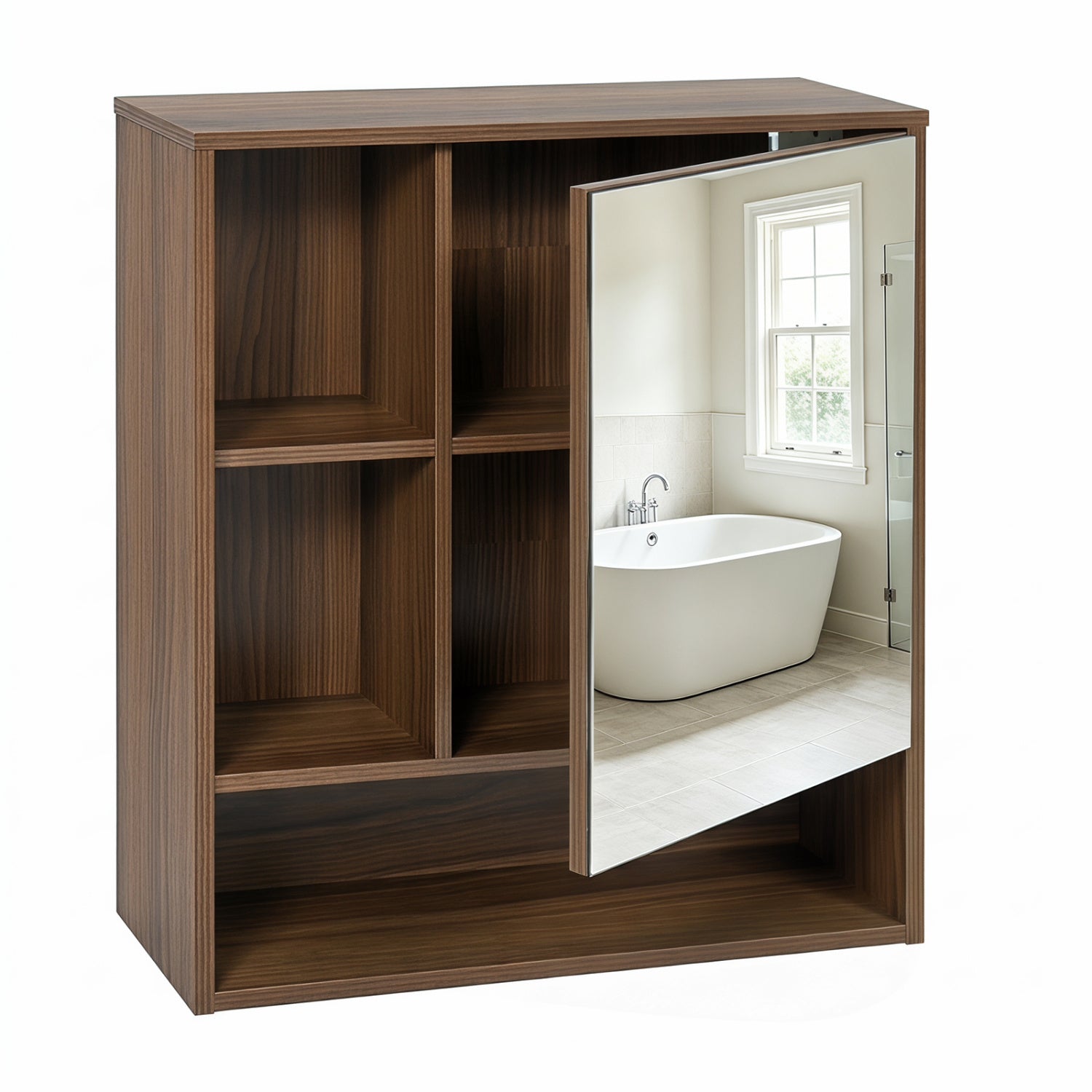 Black wall-mounted mirror cabinet with two hidden shelves and three open compartments for bathroom storage.