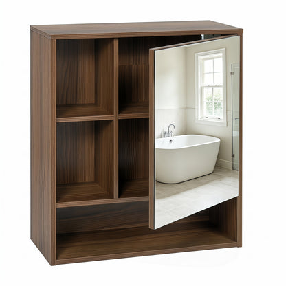 Black wall-mounted mirror cabinet with two hidden shelves and three open compartments for bathroom storage.