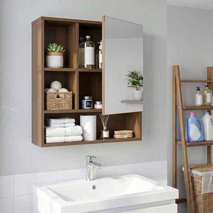 Black wall-mounted bathroom mirror cabinet with hidden shelves and open compartments for organized storage.