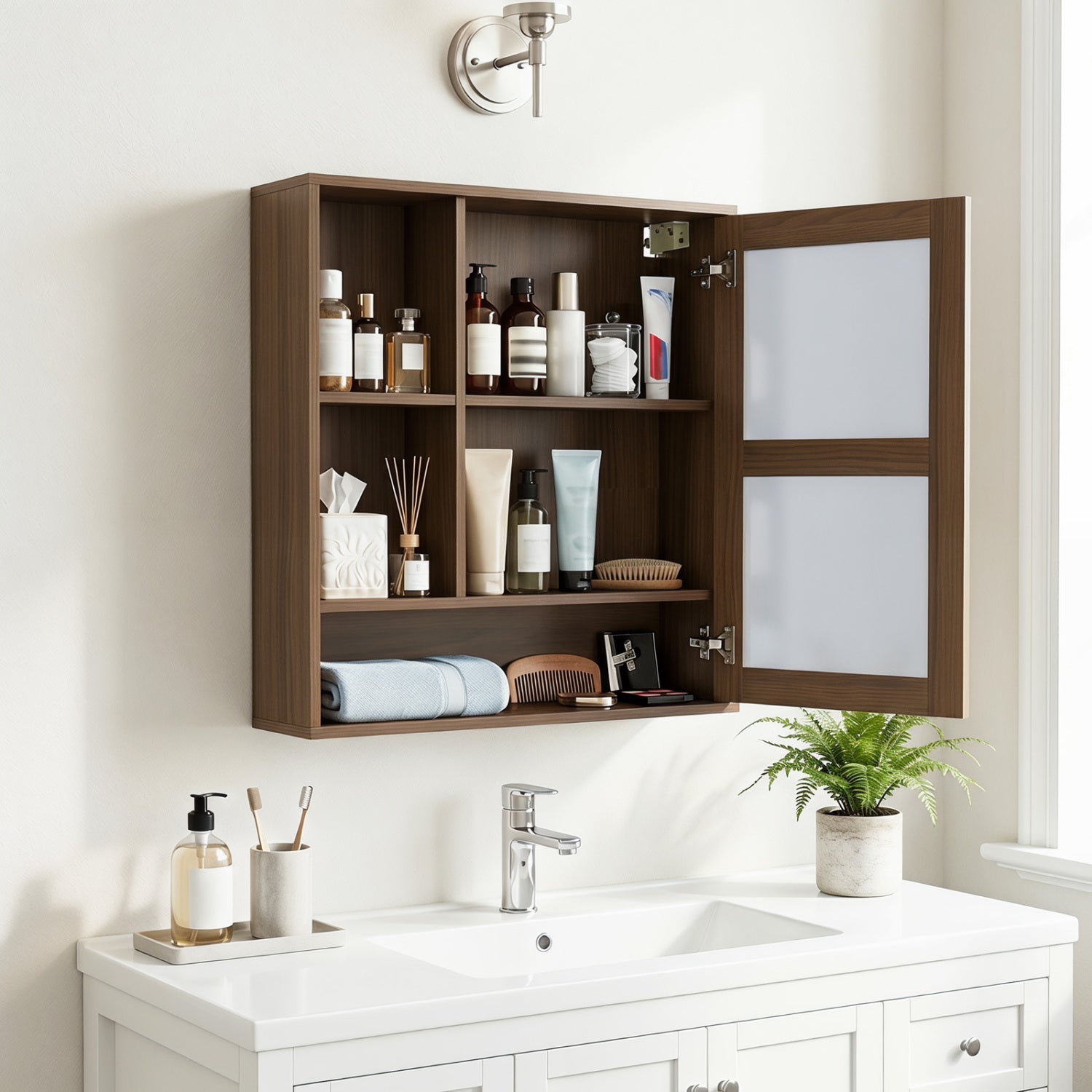 Black wall-mounted mirror cabinet with two hidden shelves and three open compartments for bathroom storage.