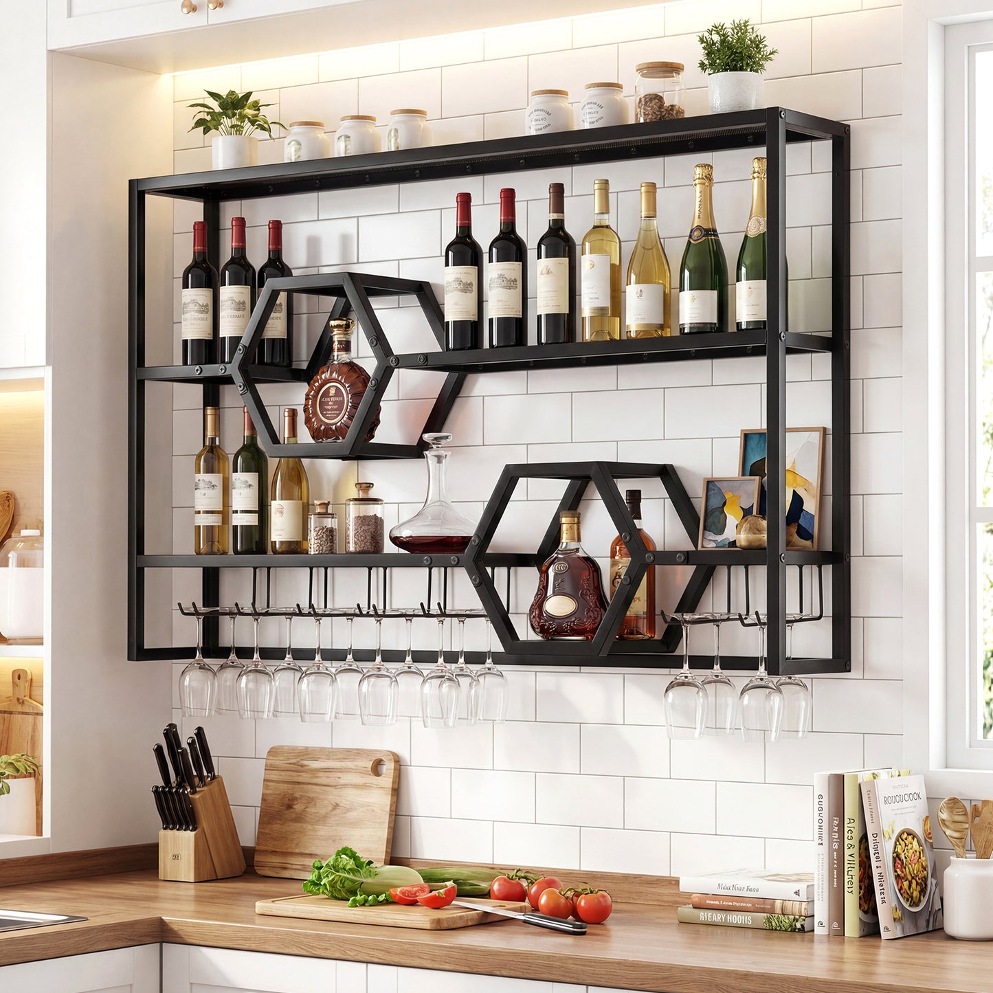 Wall Mounted Wine Rack 47" Large Floating Bar Shelves-Black