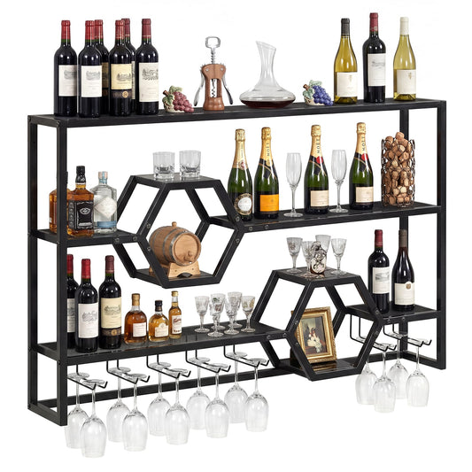 Wall Mounted Wine Rack 47" Large Floating Bar Shelves-Black