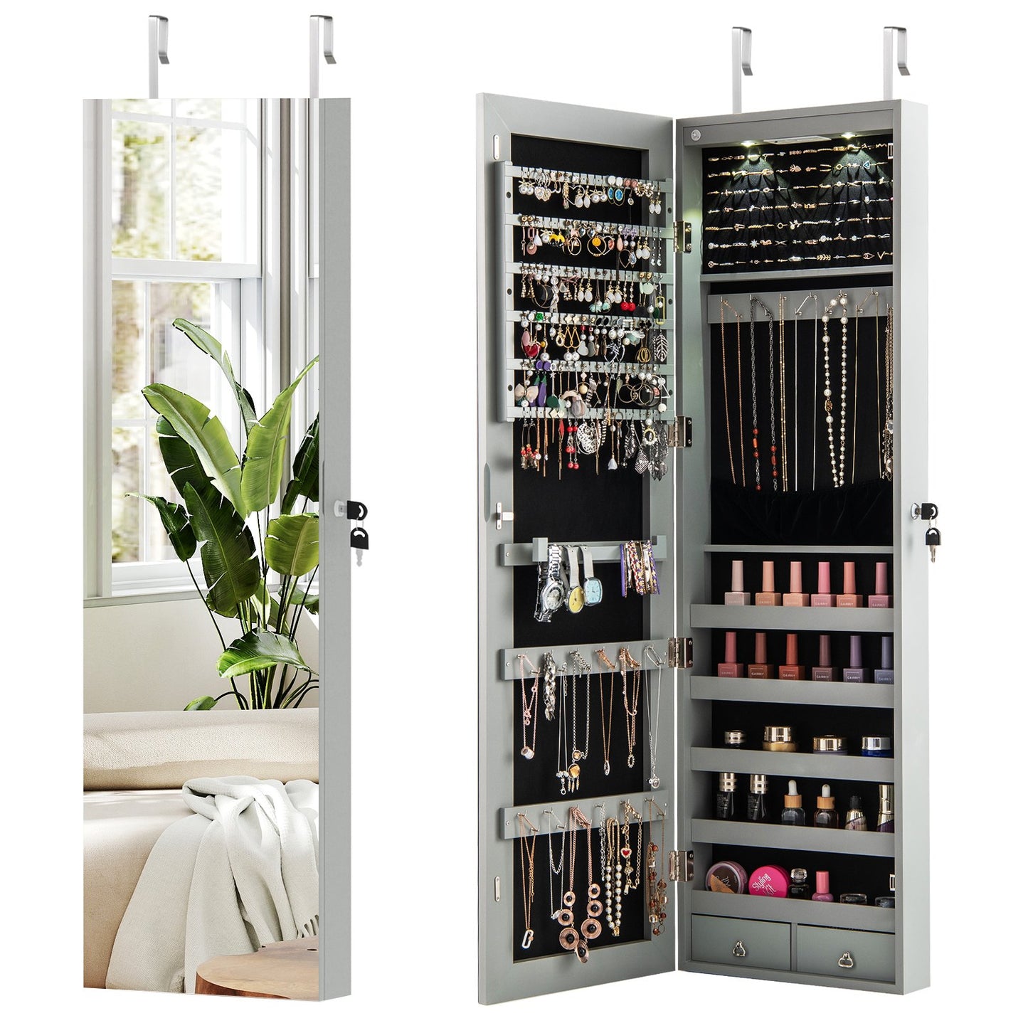 Wall And Door Mounted Mirrored Jewelry Cabinet With Lights-Black