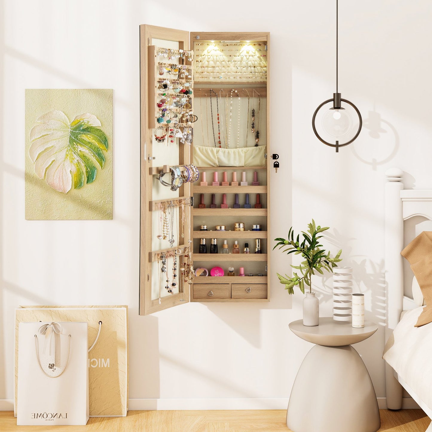 Wall And Door Mounted Mirrored Jewelry Cabinet With Lights-Black