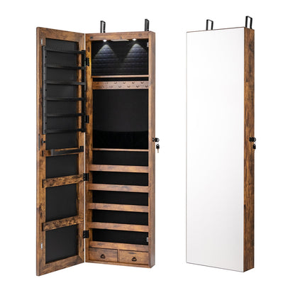 Wall And Door Mounted Mirrored Jewelry Cabinet With Lights-Black