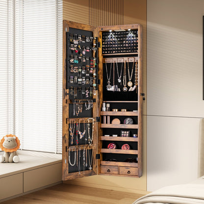 Wall And Door Mounted Mirrored Jewelry Cabinet With Lights-Black