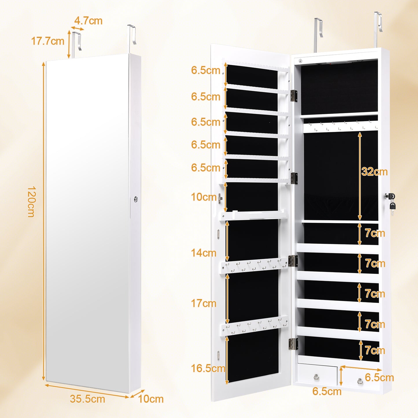 Wall and Door Mounted Mirrored Jewelry Cabinet With Lights-White