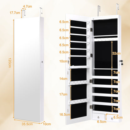 Wall and Door Mounted Mirrored Jewelry Cabinet With Lights-White