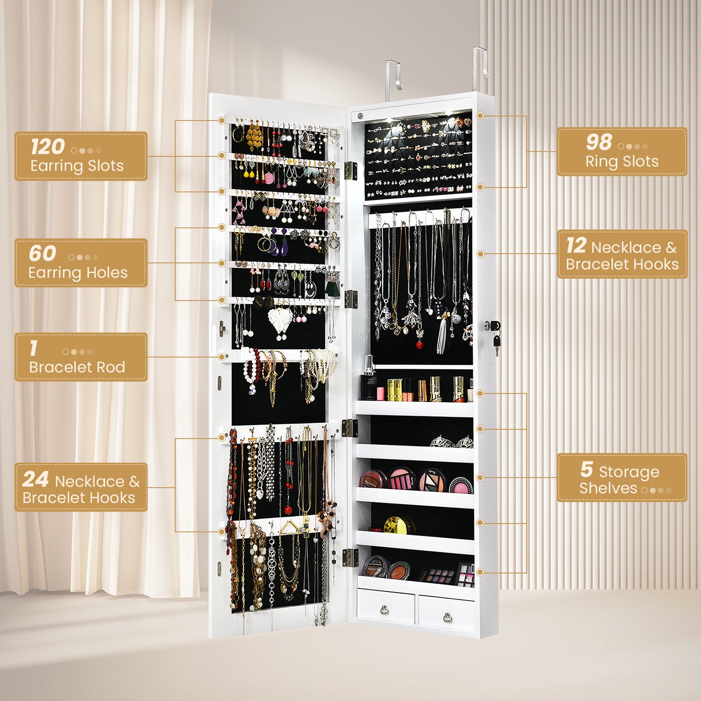 Wall and Door Mounted Mirrored Jewelry Cabinet With Lights-White