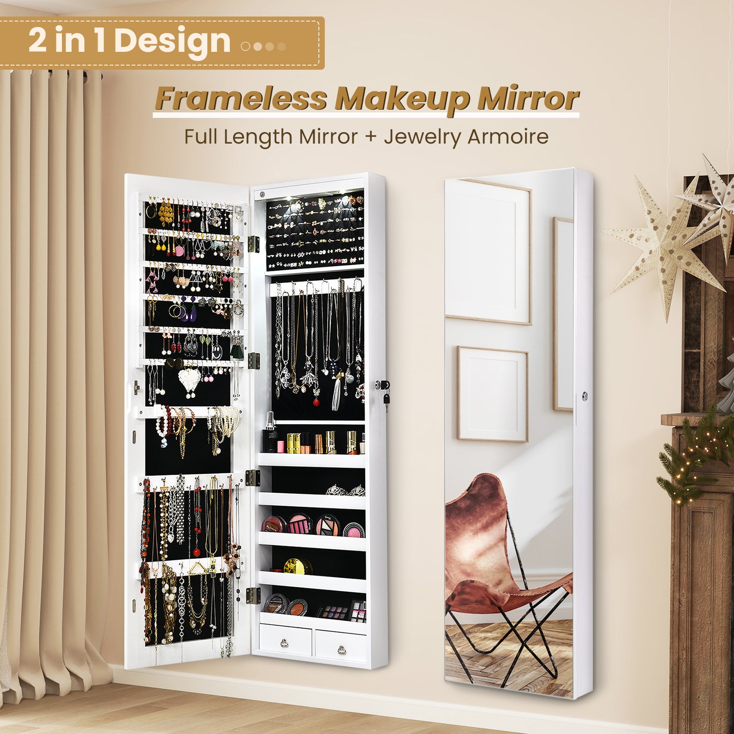 Wall and Door Mounted Mirrored Jewelry Cabinet With Lights-White