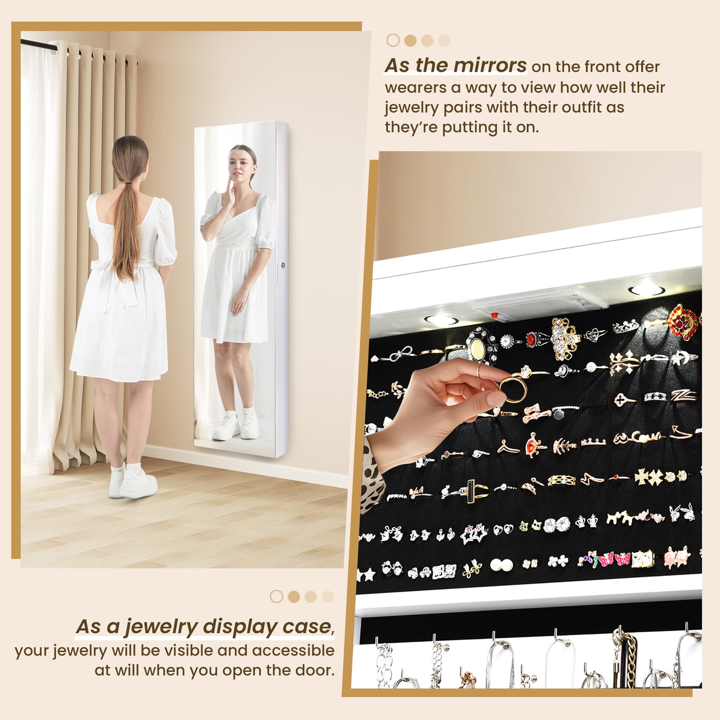Wall and Door Mounted Mirrored Jewelry Cabinet With Lights-White