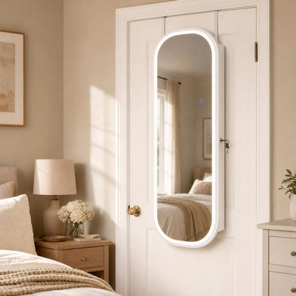 Wall and Door Mounted Mirror Jewelry Cabinet with 3-Color Adjustable Mirror-White