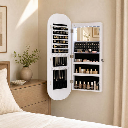 Wall and Door Mounted Mirror Jewelry Cabinet with 3-Color Adjustable Mirror-White