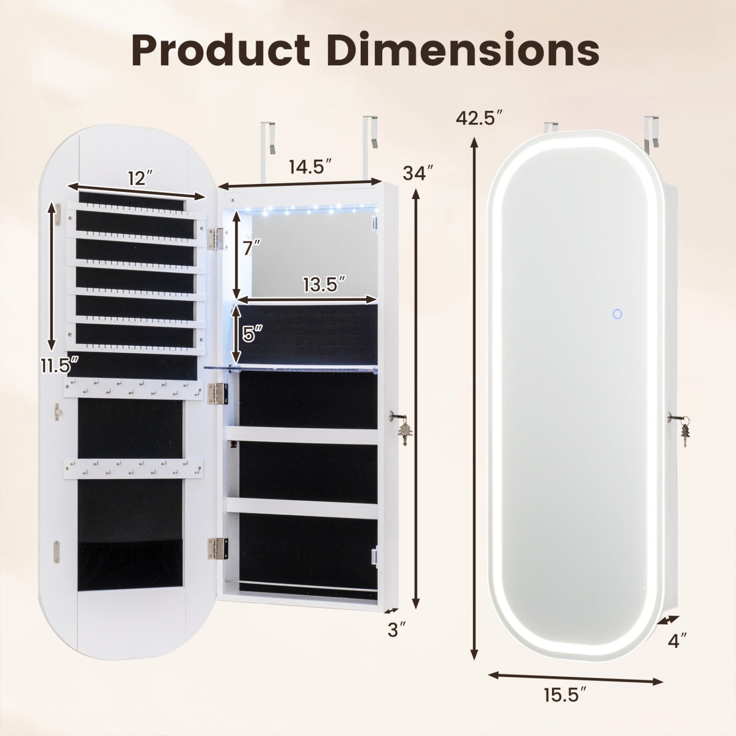 Wall and Door Mounted Mirror Jewelry Cabinet with 3-Color Adjustable Mirror-White