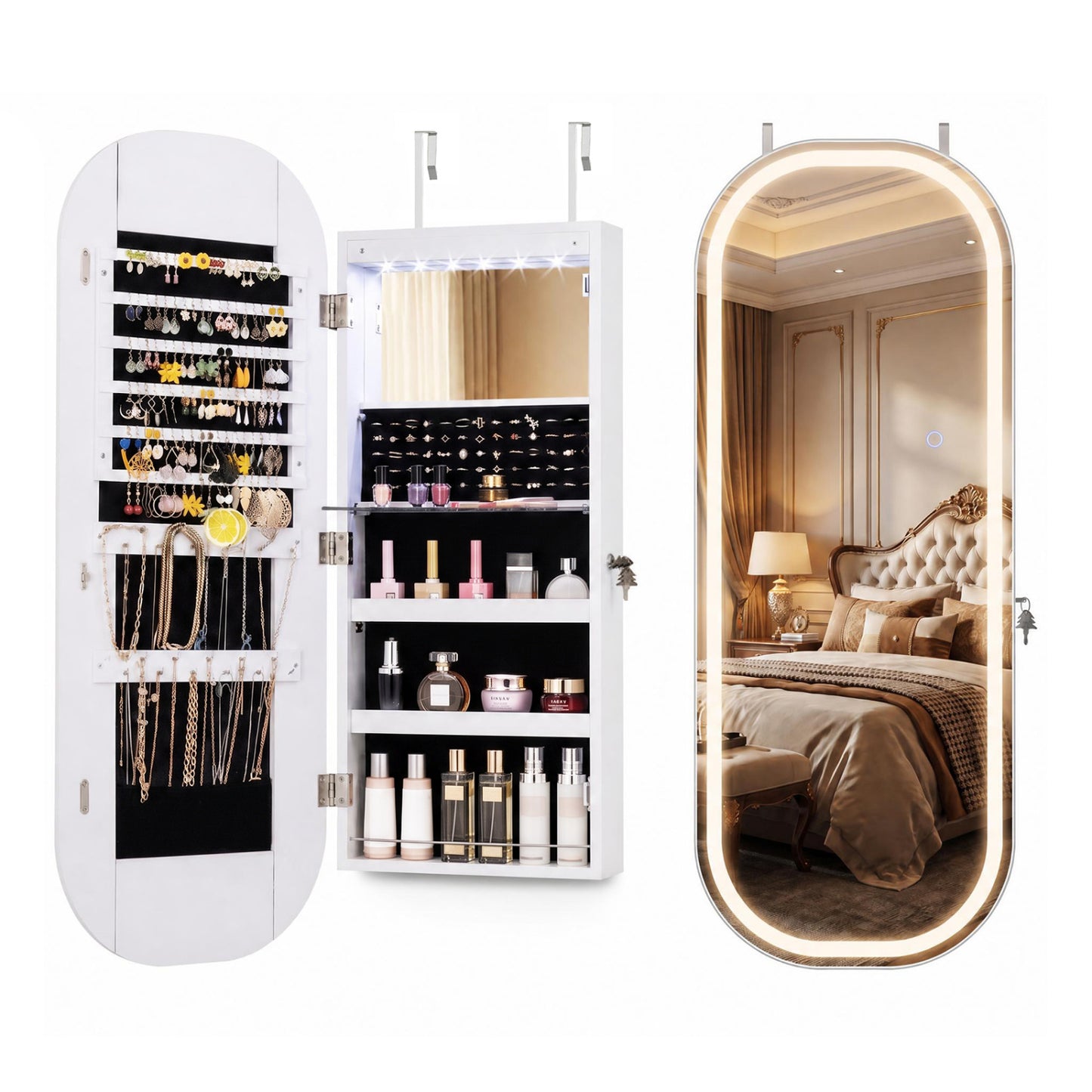 Wall and Door Mounted Mirror Jewelry Cabinet with 3-Color Adjustable Mirror-White