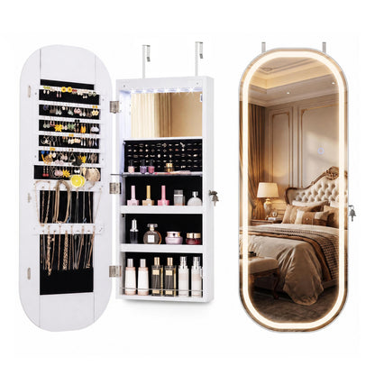 Wall and Door Mounted Mirror Jewelry Cabinet with 3-Color Adjustable Mirror-White