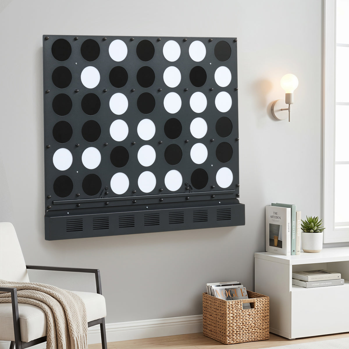 Wall-mounted Jumbo 4-in-a-Row game with black acrylic discs, outdoor lawn game by Wilsons Home Store.