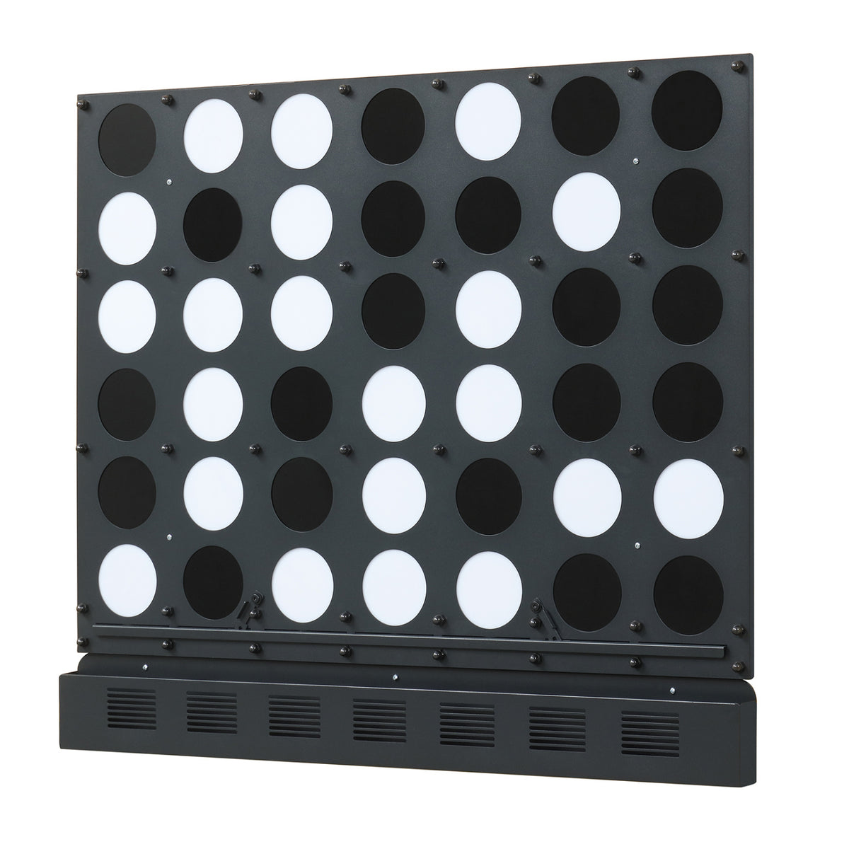 Wall-mounted Jumbo 4-in-a-Row game with black acrylic discs, outdoor lawn game for kids and family play.