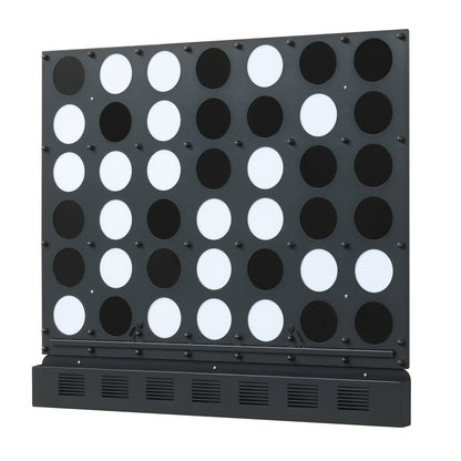 Wall-mounted Jumbo 4-in-a-Row game with black acrylic discs, outdoor lawn game for kids and family play.