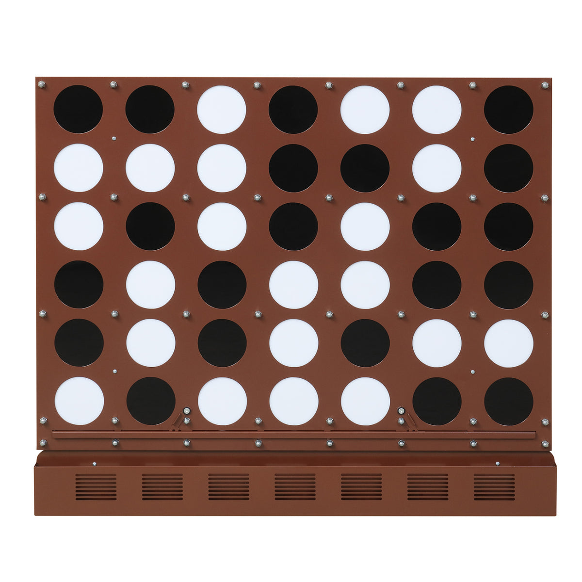 Wall-mounted Jumbo 4-in-a-Row game with black acrylic discs, outdoor lawn game by Wilsons Home Store, designed for outdoor play.