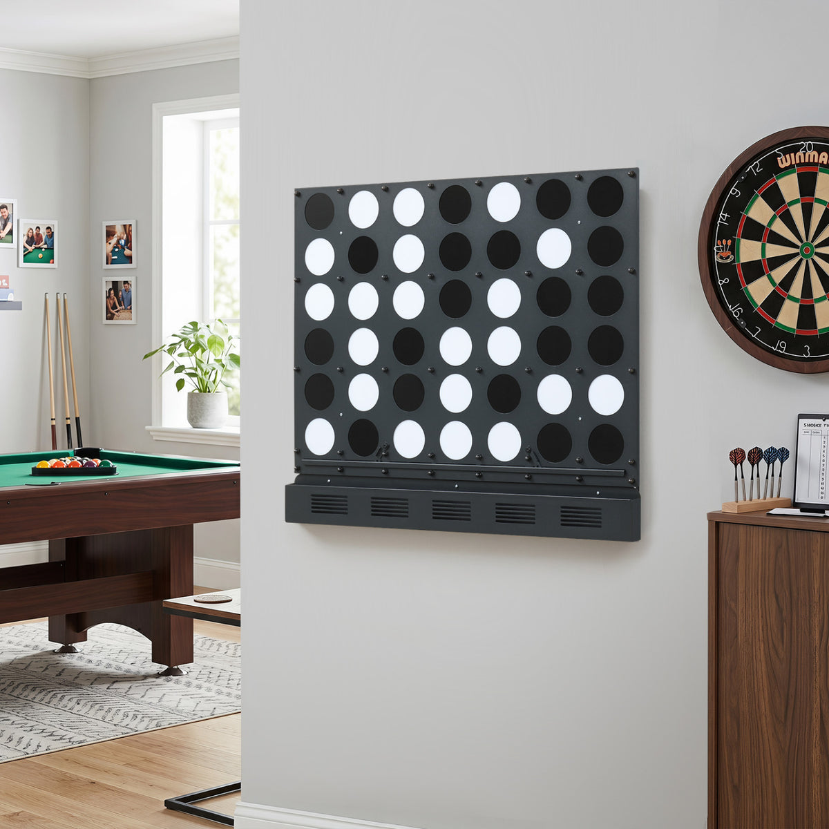 Wall-mounted metal Connect-4 game with black acrylic discs, perfect for outdoor lawn game fun.