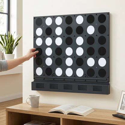 Wall-mounted metal Connect-4 game with black acrylic discs, outdoor lawn game from Wilsons Home Store.