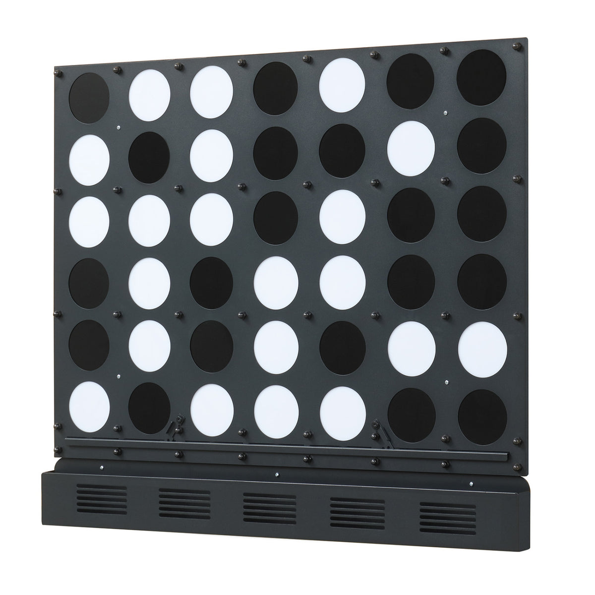 Wall-mounted metal Connect-4 game with black acrylic discs, ideal for outdoor lawn play, by Wilsons Home Store.
