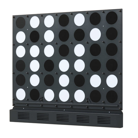 Wall-mounted metal Connect-4 game with black acrylic discs, ideal for outdoor lawn play, by Wilsons Home Store.