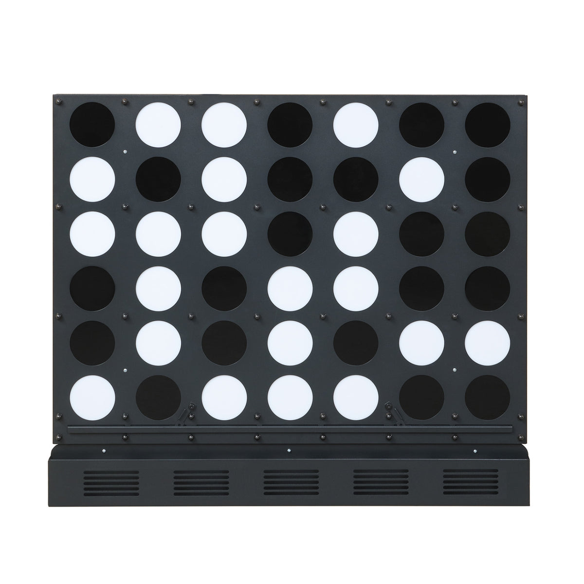 Wall-mounted metal Connect-4 game with acrylic discs, black, designed for outdoor lawn play, by Wilsons Home Store.