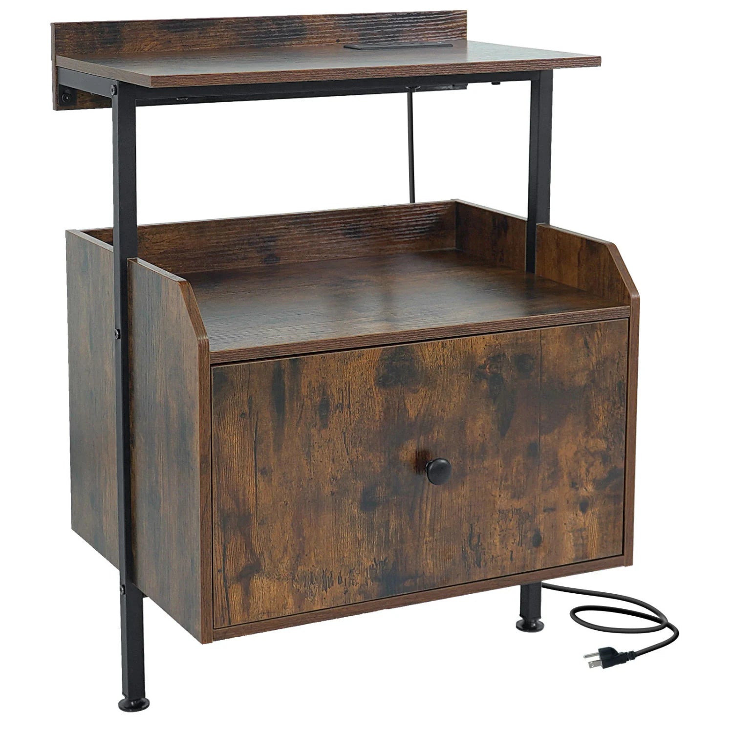 Rustic brown wall-mounted nightstand with built-in LED lights and charging station for bedroom storage.