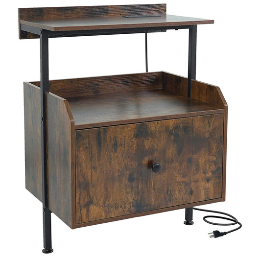 Wall-mounted Nightstand with LED Lights and Charging Station for Bedroom-Rustic Brown