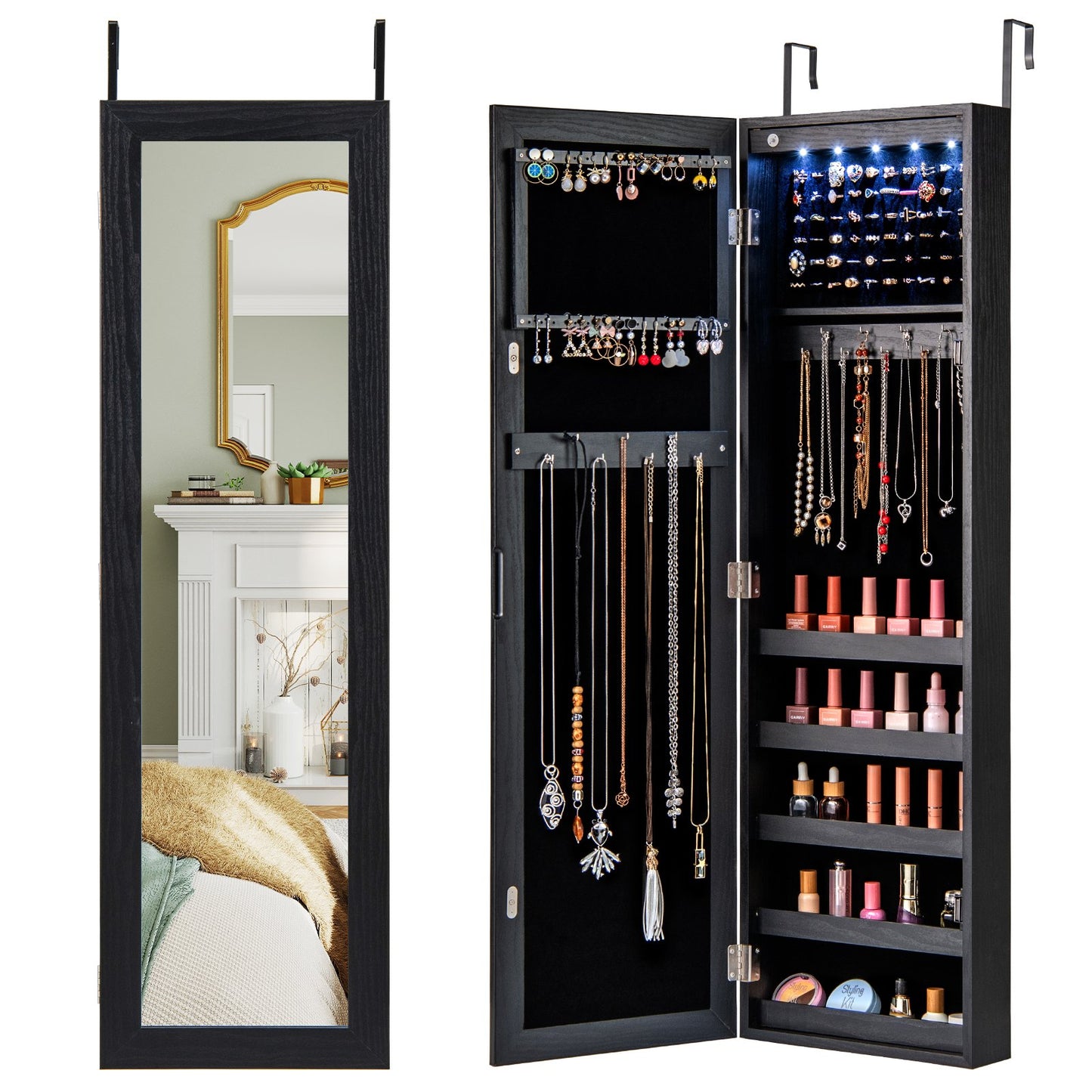 Wall or Door Mounted Jewelry Cabinet with Full-Length Mirror and LED Lights-Black